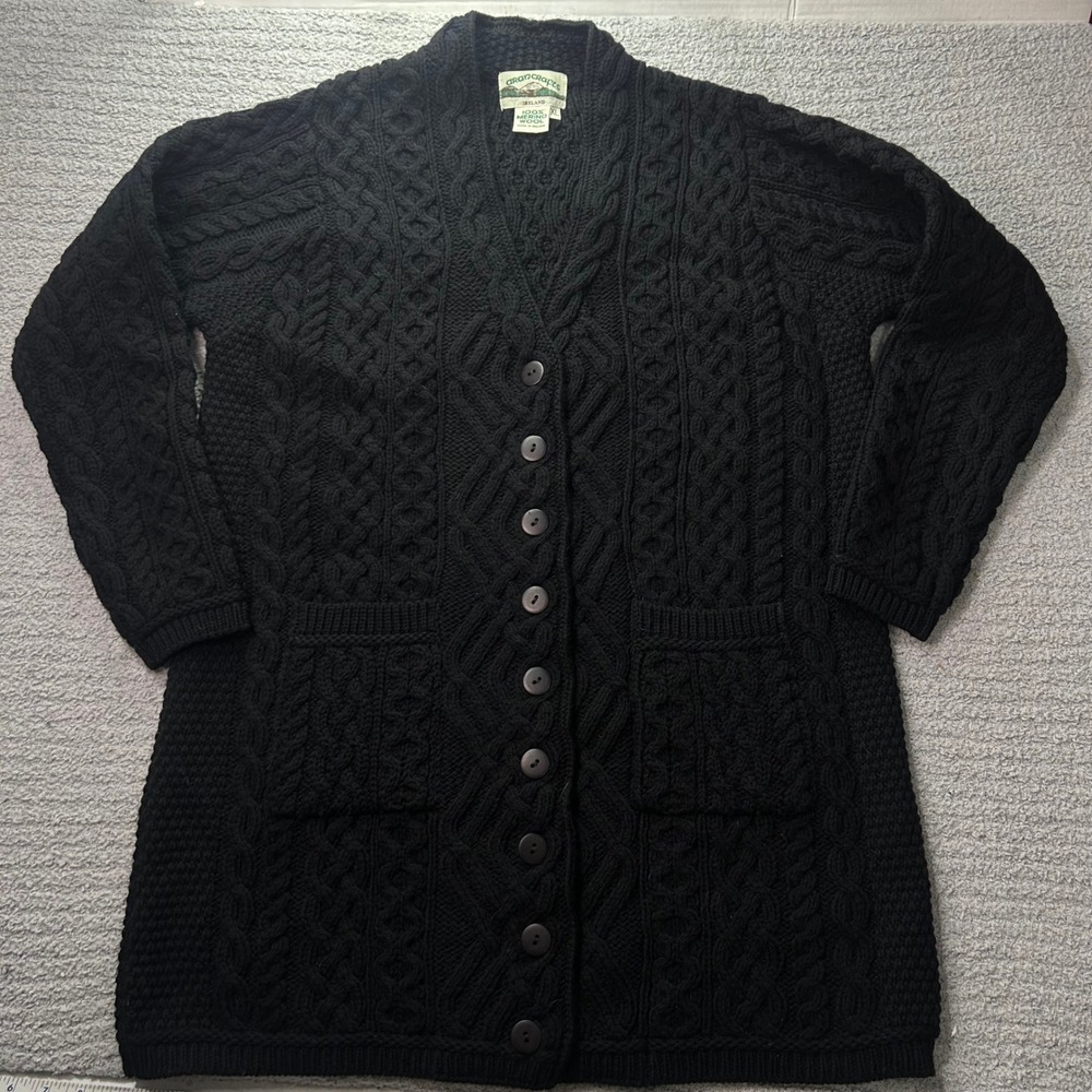 Aran Crafts Cardigan Cable Knit Black XL Vintage 90s Irish Merino Wool